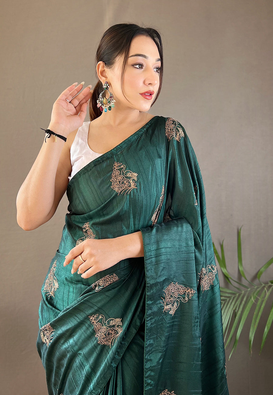 Timber Green Embroidered Tussar Silk Saree