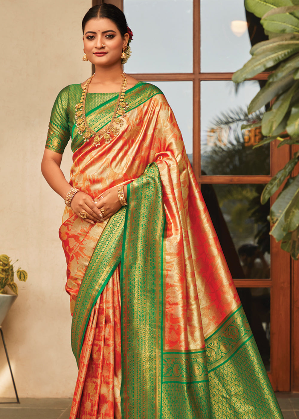 Mandarin Pearl Orange Woven Kanjivaram Saree