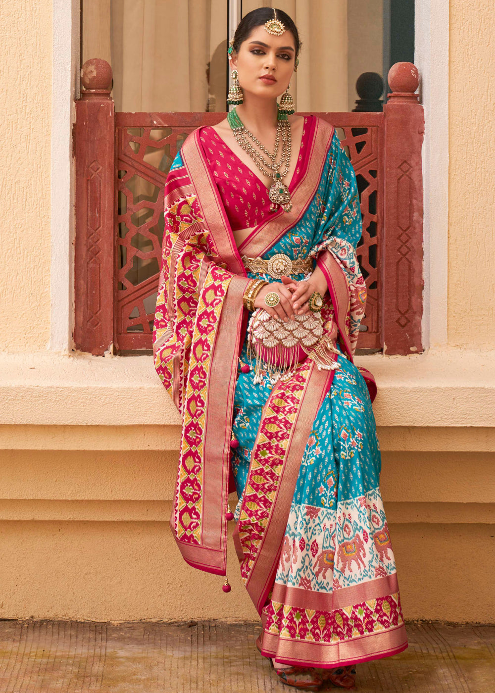 Malibu Blue and Red Printed Patola Soft Silk Saree