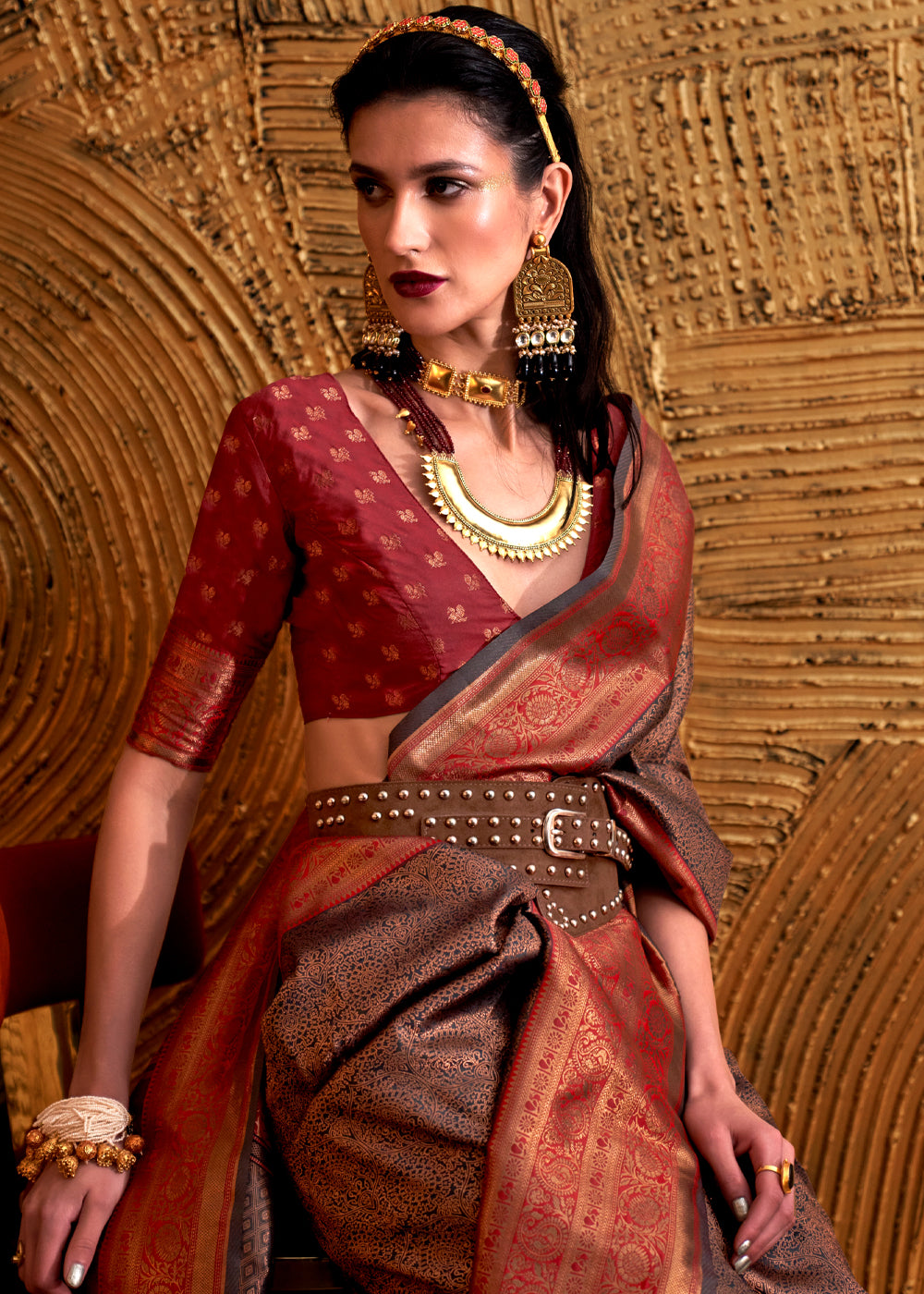 Roman Coffee Brown Chaap Handloom kanjivaram silk Saree