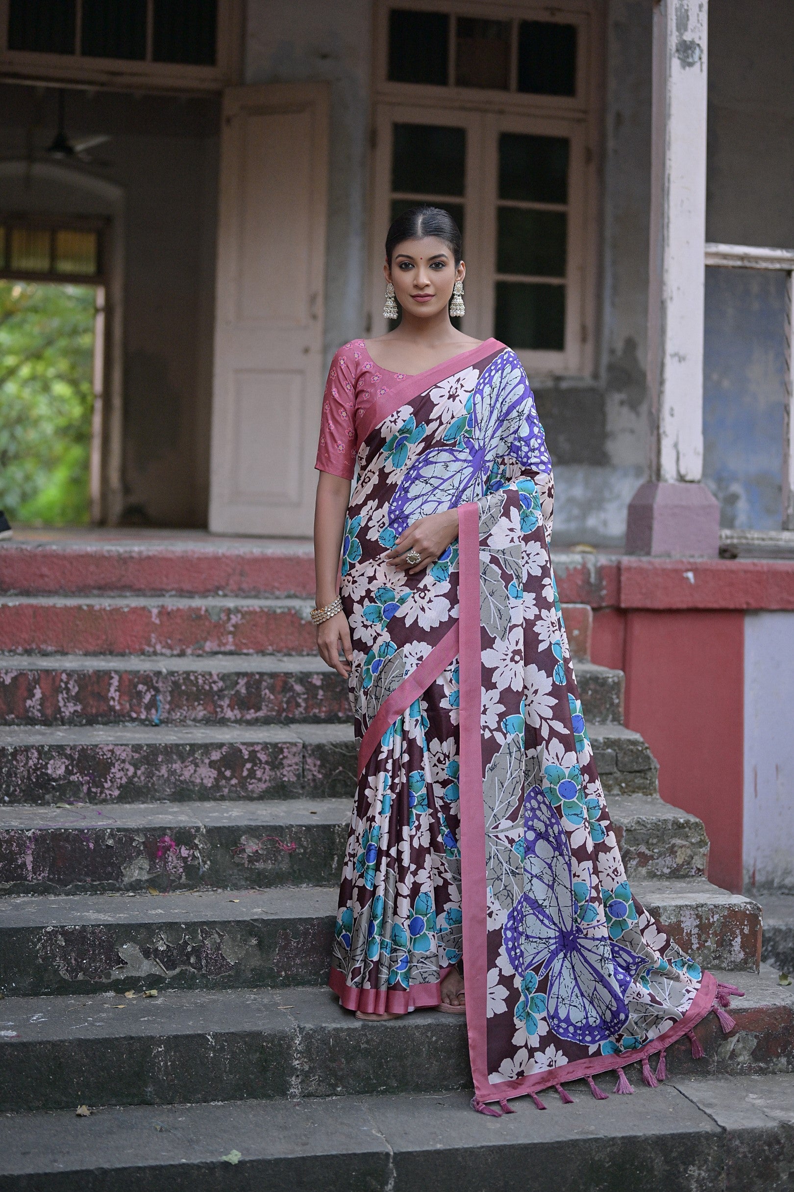 Eggplant Brown Floral Printed Cotton Silk Saree