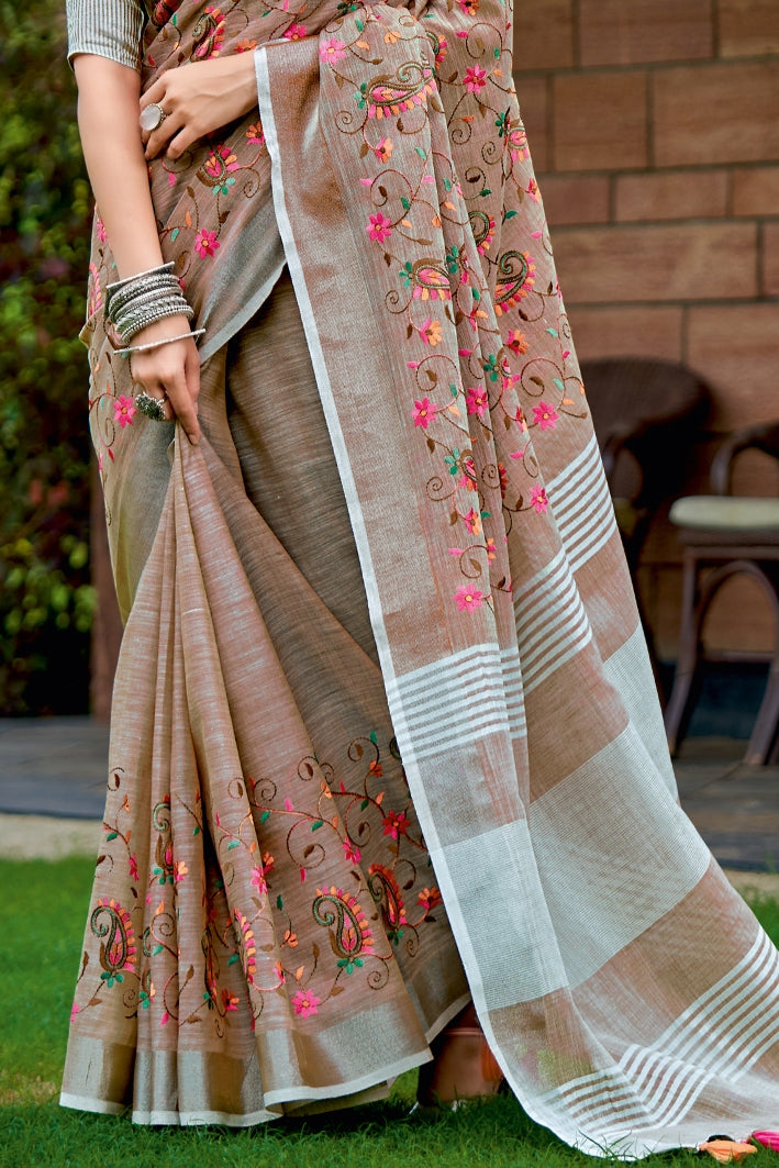 Leather Brown Handcrafted Linen Saree