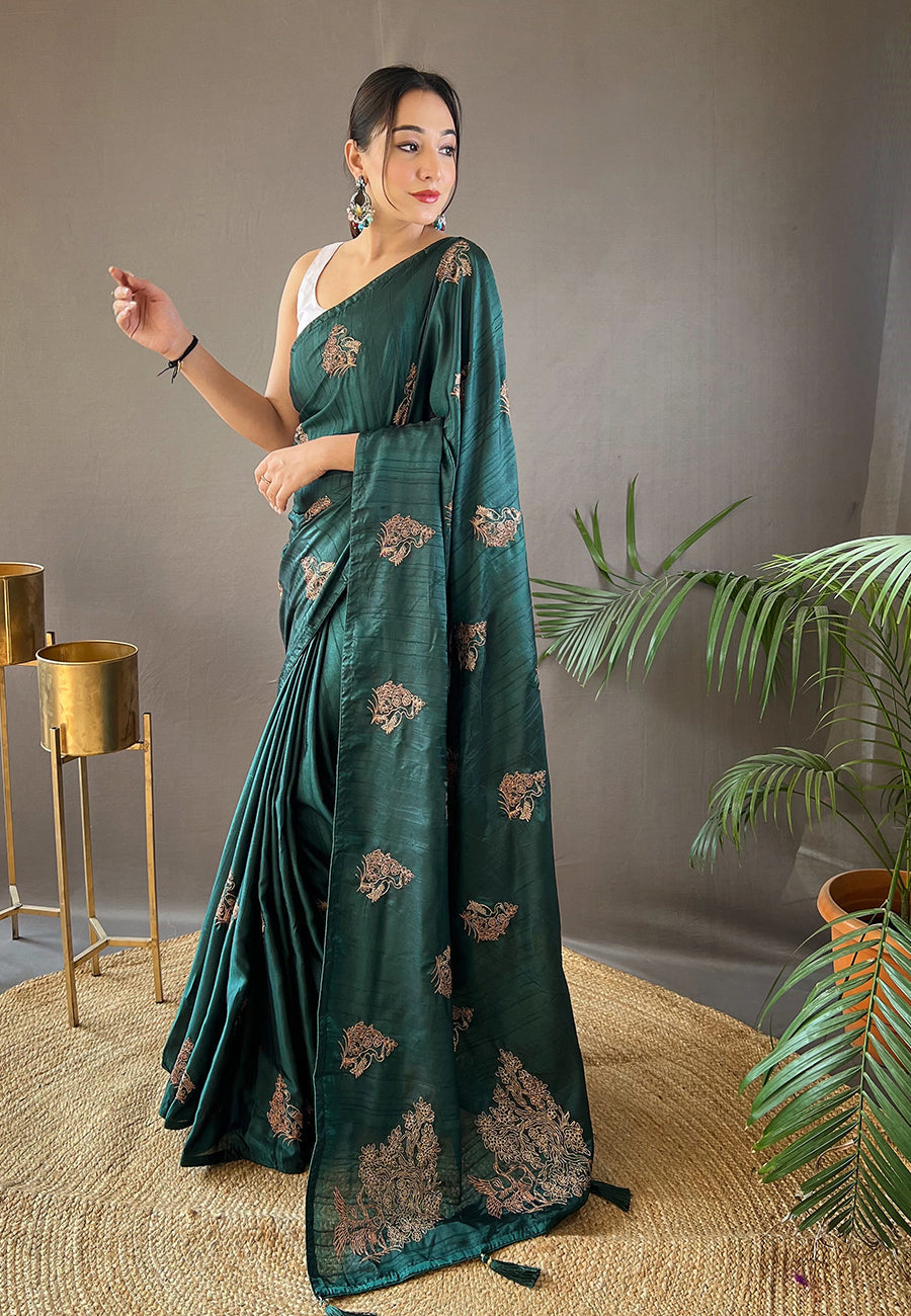 Timber Green Embroidered Tussar Silk Saree