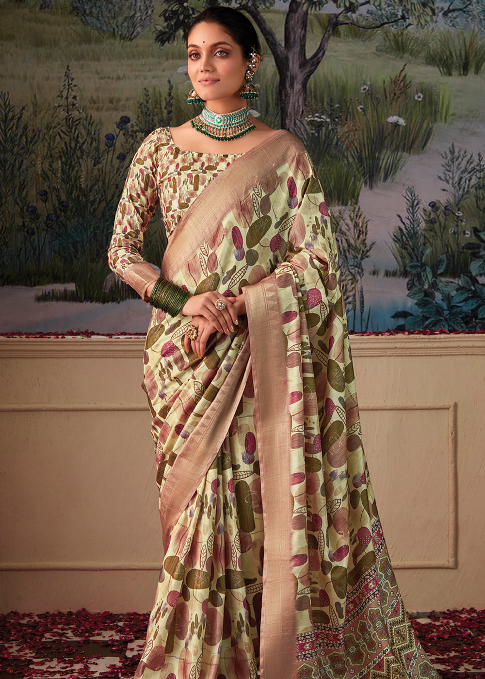 Arrowtown Green Woven Banarasi Tussar Silk Saree