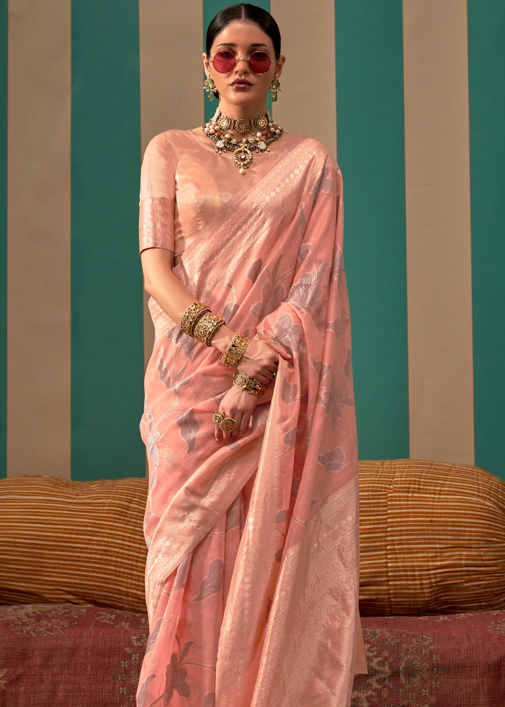 Tonys Peach Woven Banarasi Linen Saree