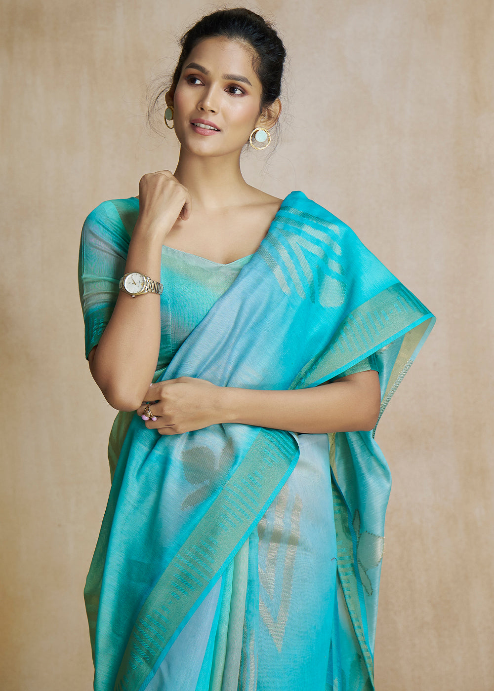 Water Blue Tissue Woven Soft Silk Saree