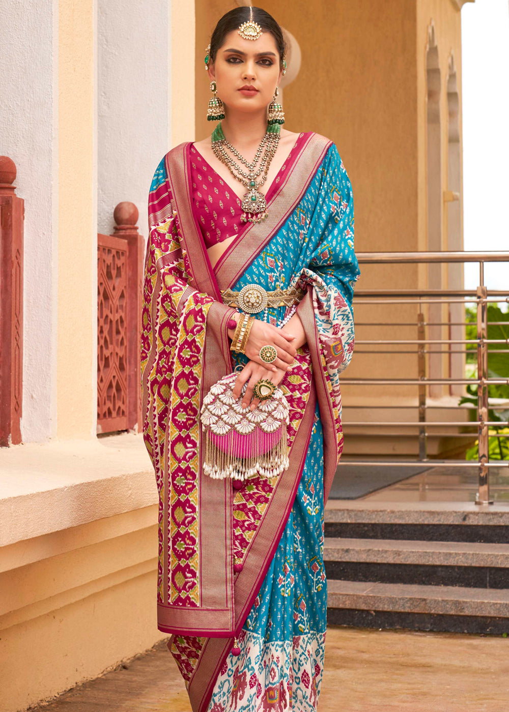 Malibu Blue and Red Printed Patola Soft Silk Saree