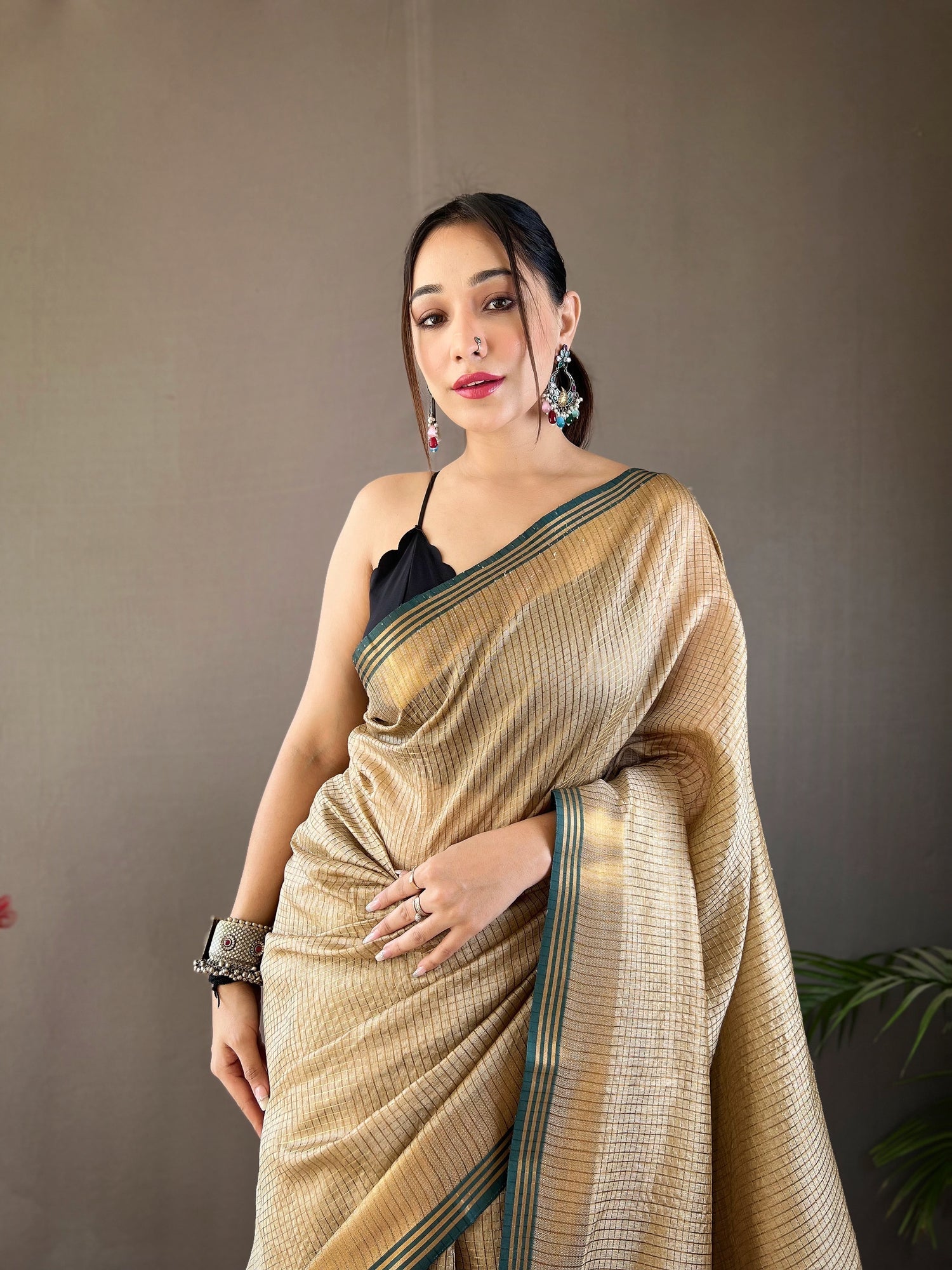 Domino Cream Organza Woven Saree