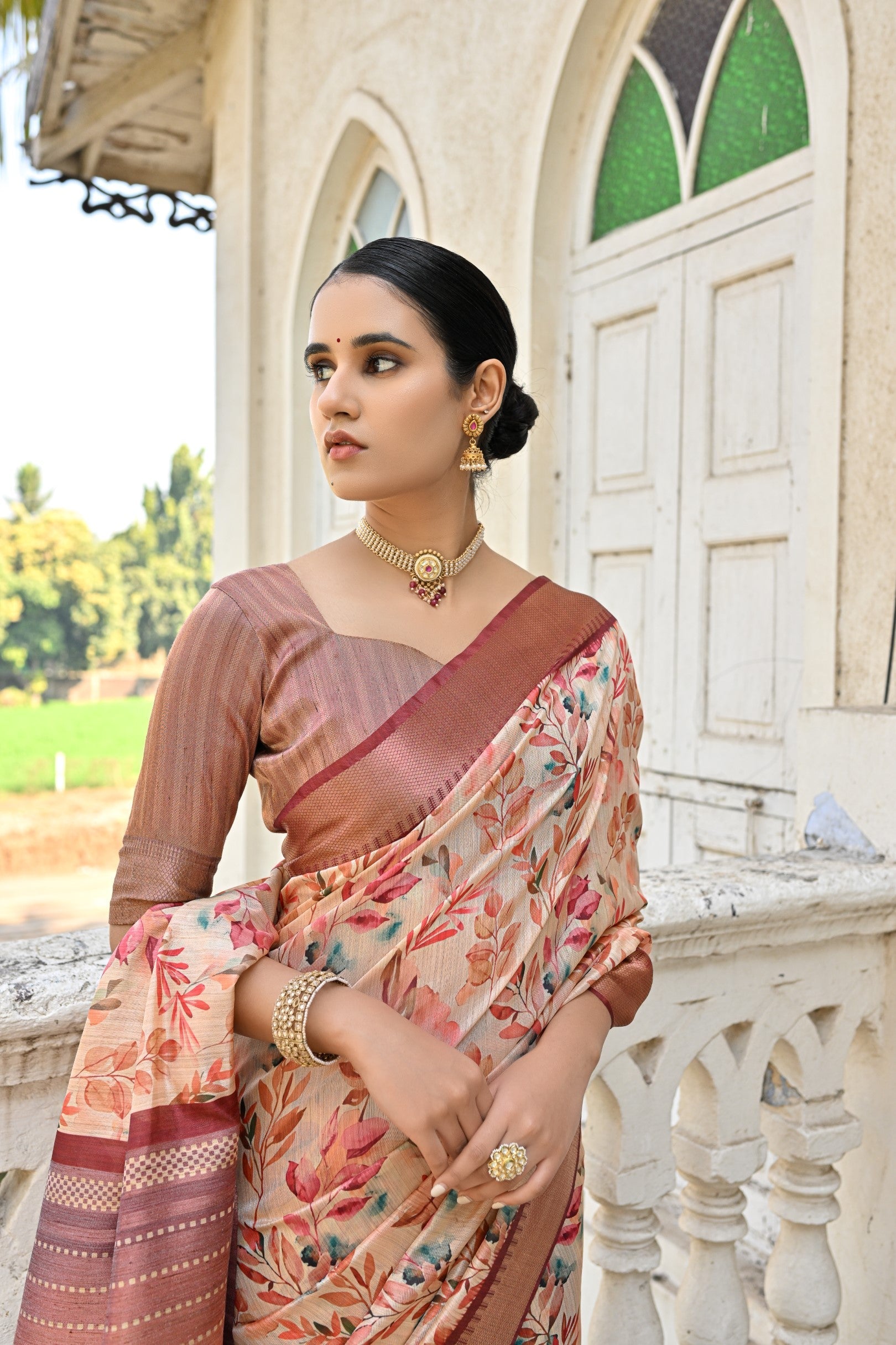 Contessa Brown Tussar Printed Silk Saree