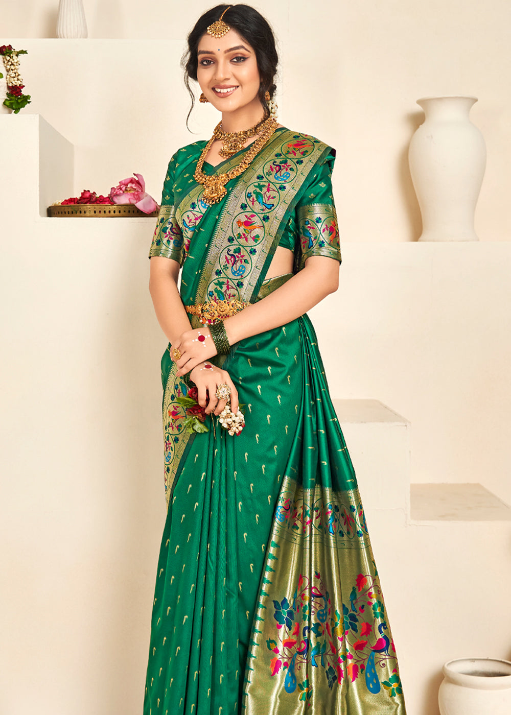 Christmas Tree Green Woven Paithani Silk Saree