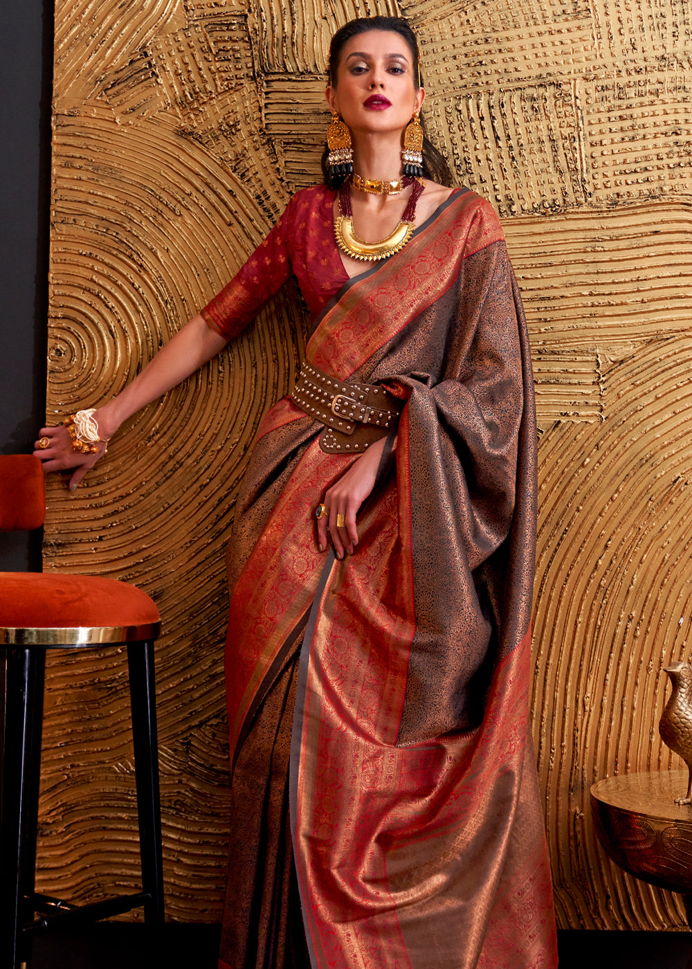 Roman Coffee Brown Chaap Handloom kanjivaram silk Saree