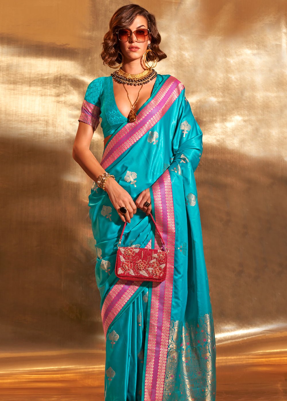 Malibu Blue Woven Banarasi Satin Silk Saree