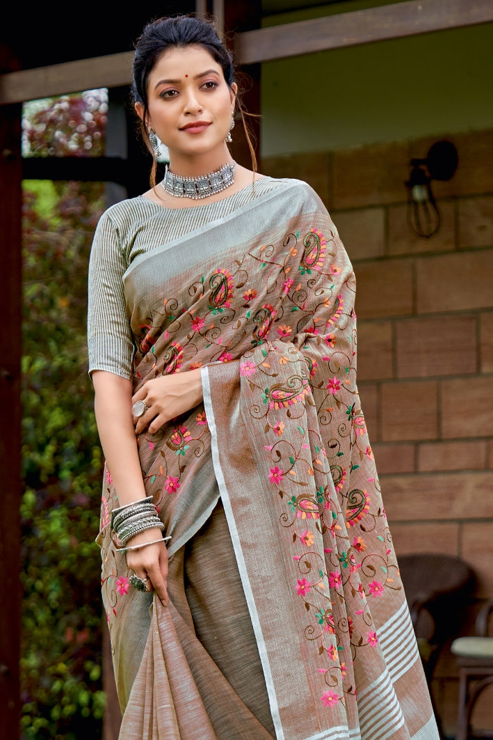 Leather Brown Handcrafted Linen Saree