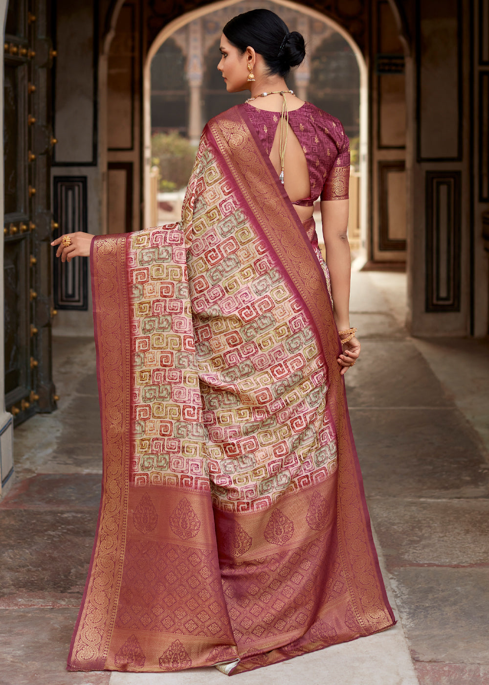 El Salva Brown Banarasi Digital Printed Silk Saree