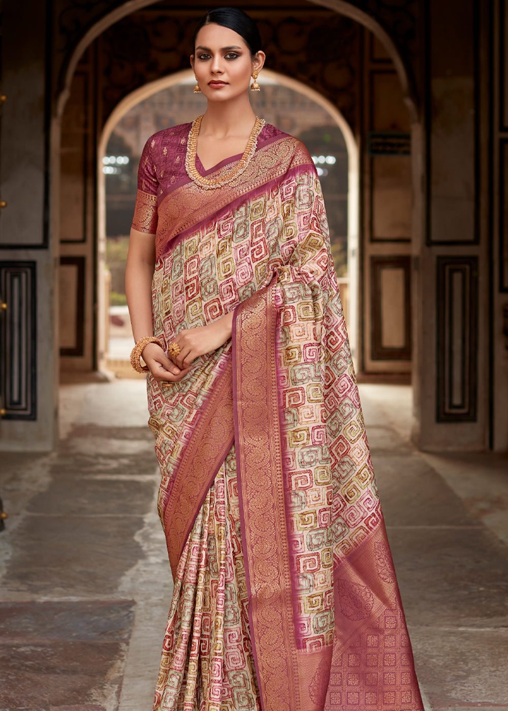 El Salva Brown Banarasi Digital Printed Silk Saree