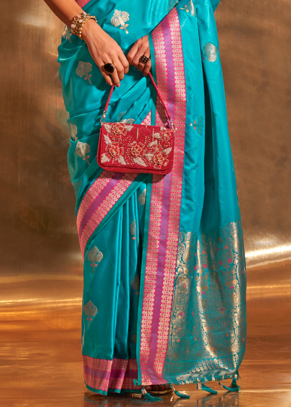 Malibu Blue Woven Banarasi Satin Silk Saree