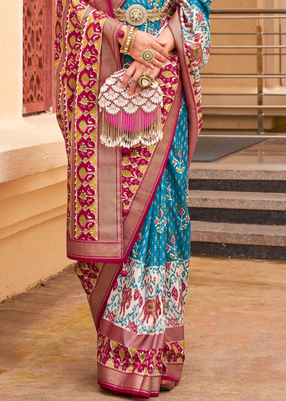 Malibu Blue and Red Printed Patola Soft Silk Saree