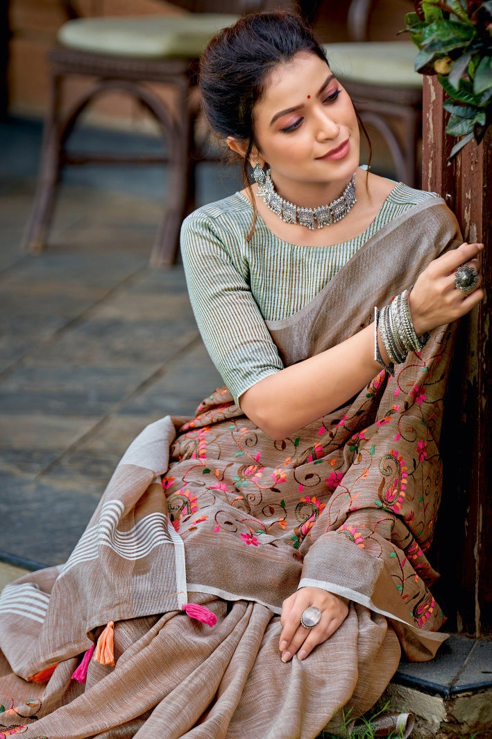 Leather Brown Handcrafted Linen Saree