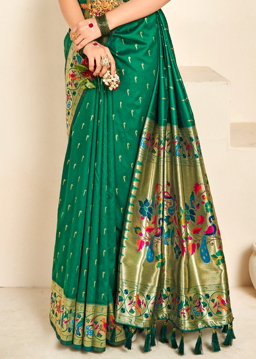 Christmas Tree Green Woven Paithani Silk Saree