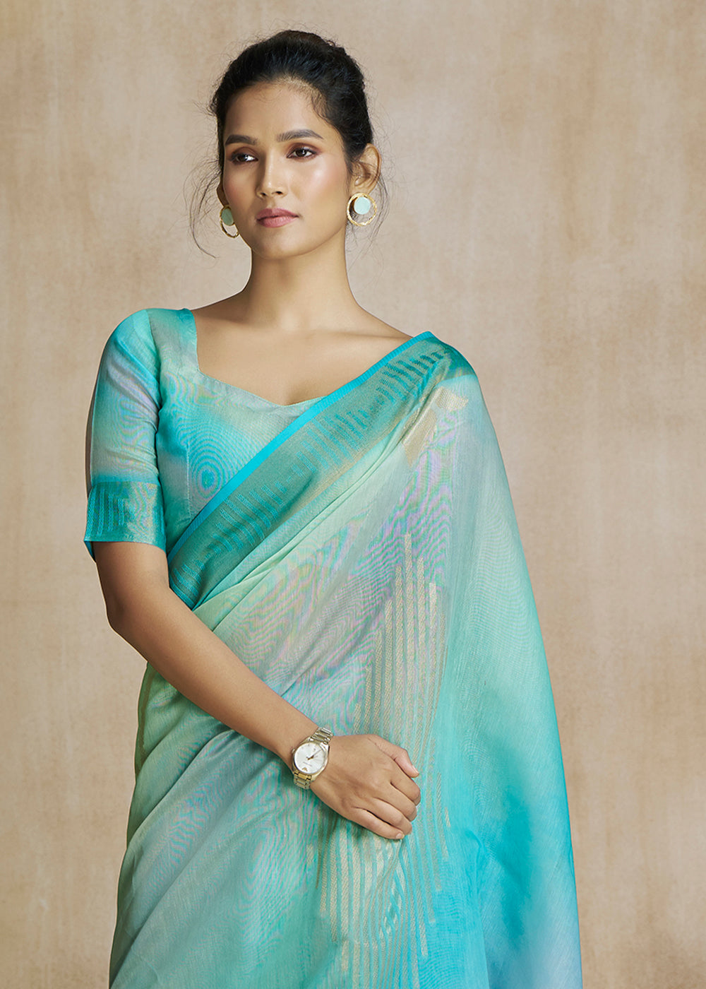 Water Blue Tissue Woven Soft Silk Saree