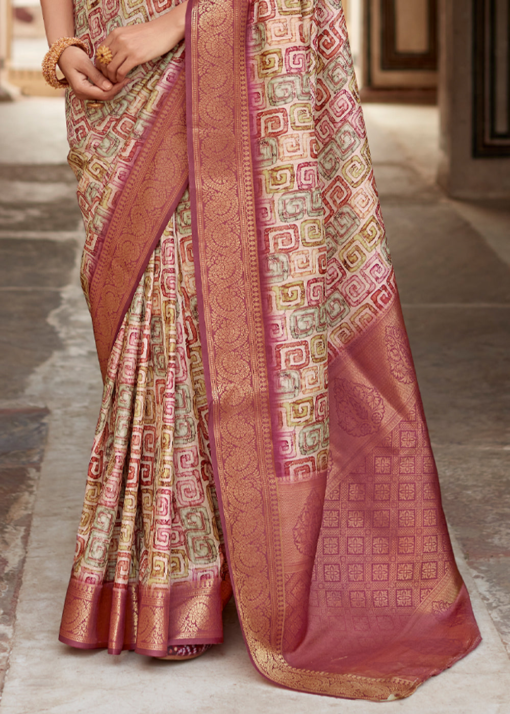 El Salva Brown Banarasi Digital Printed Silk Saree