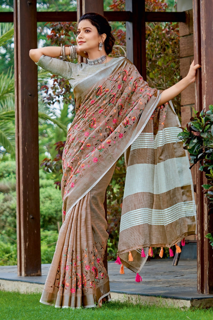 Leather Brown Handcrafted Linen Saree