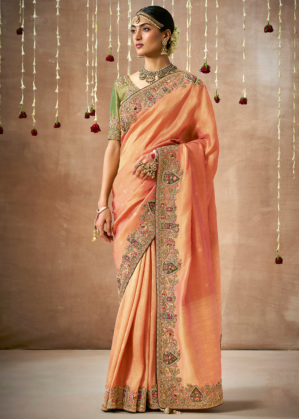 Plum Peach  Zari Woven Embroidery Designer Tissue Dola Silk Saree