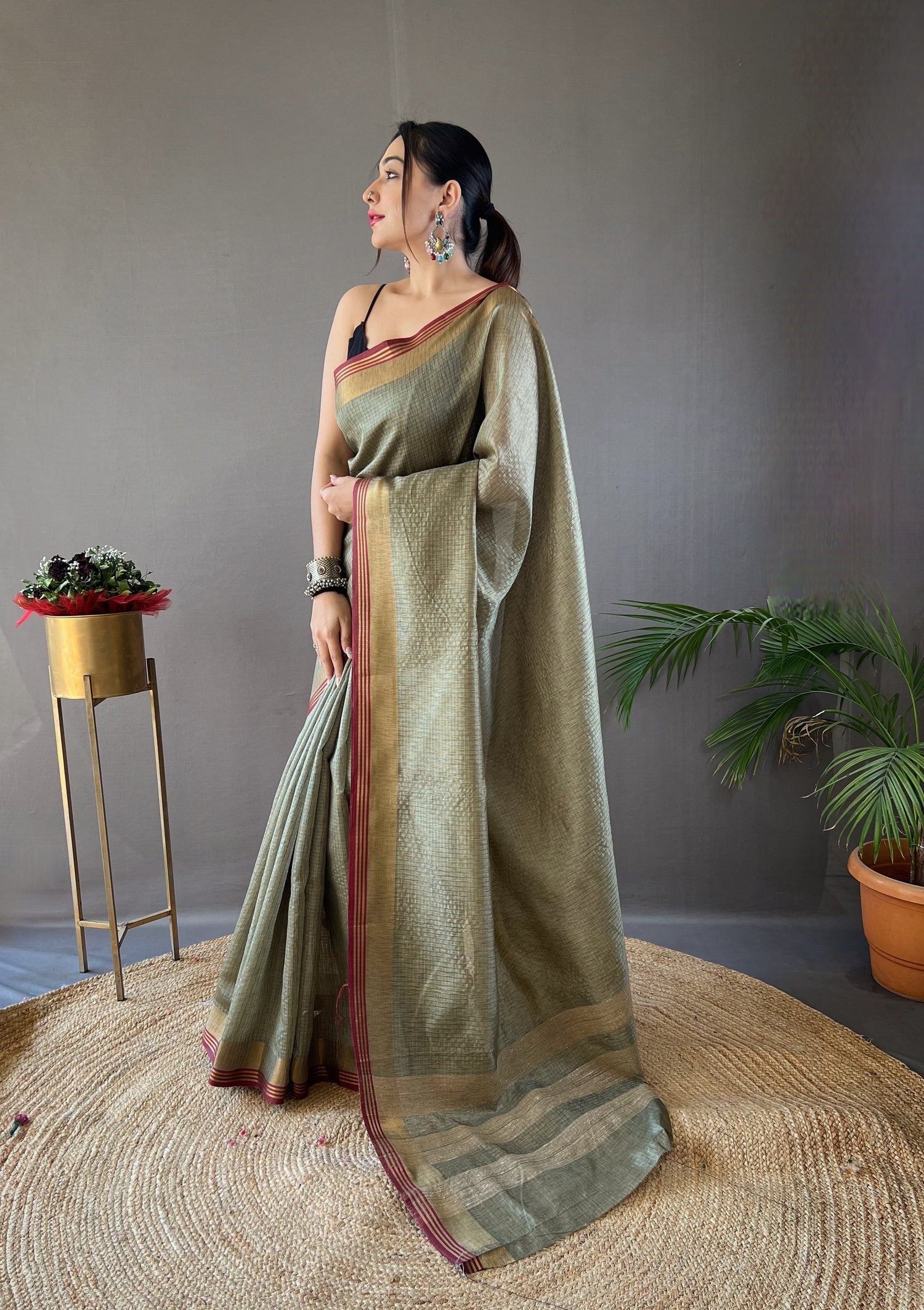 Clay Creek Green Organza Woven Saree