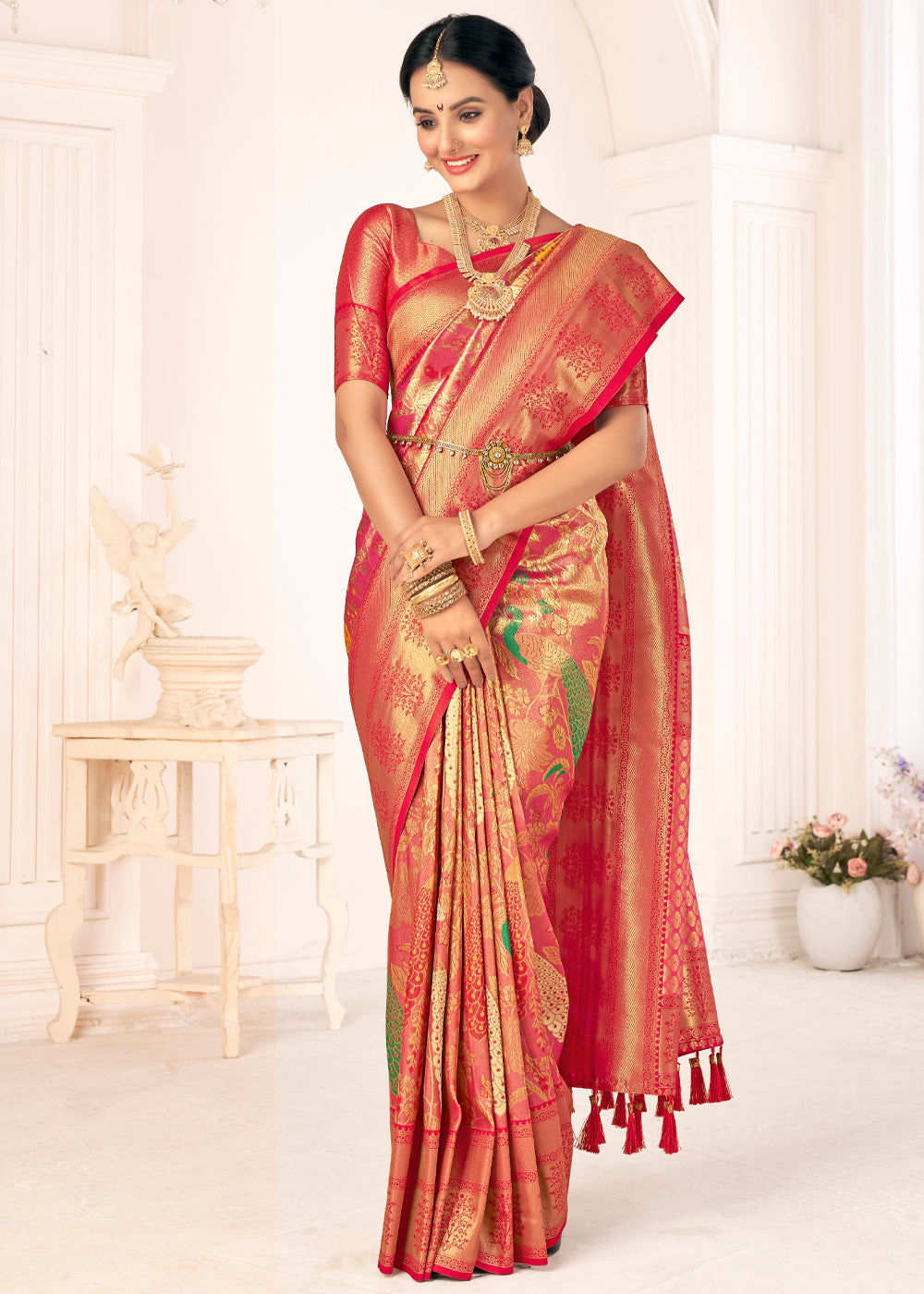 Roman Pink Woven Paithani Fusion Kanjivaram Silk Saree