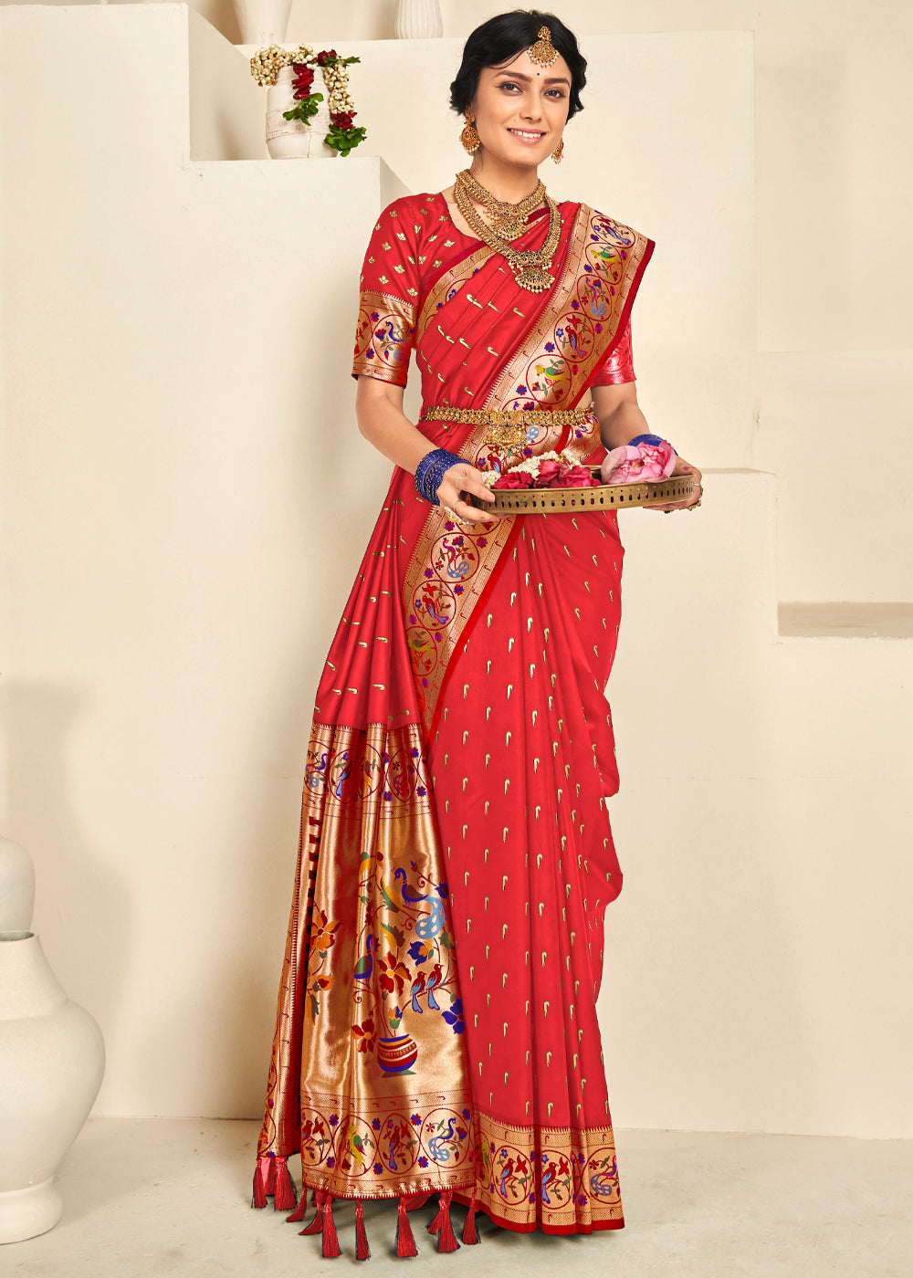 Rusty Red Woven Paithani Silk Saree