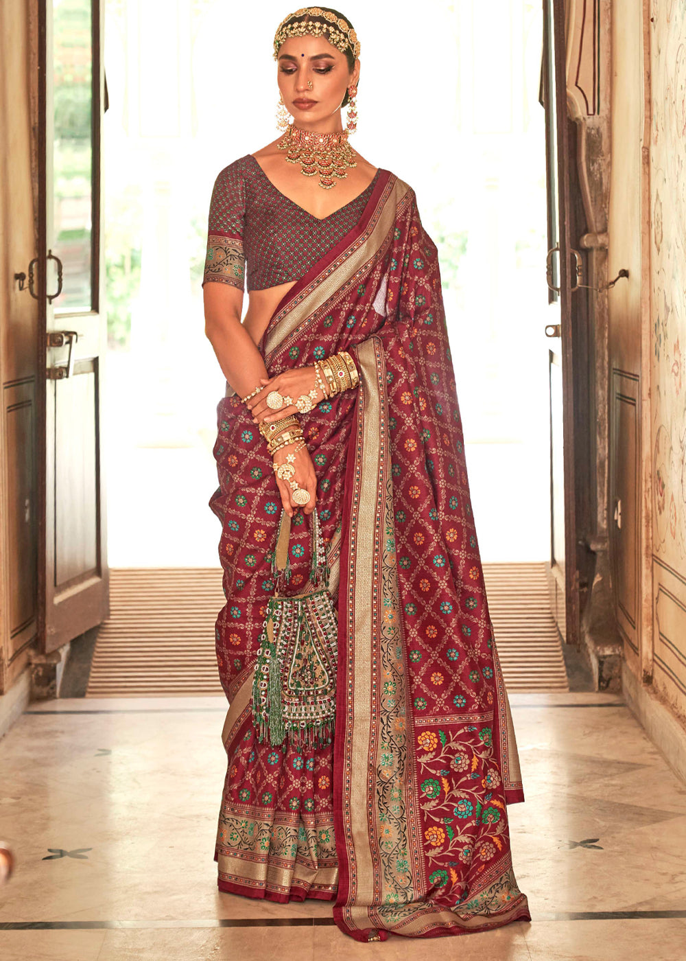 Stiletto Maroon Printed Soft Silk Saree