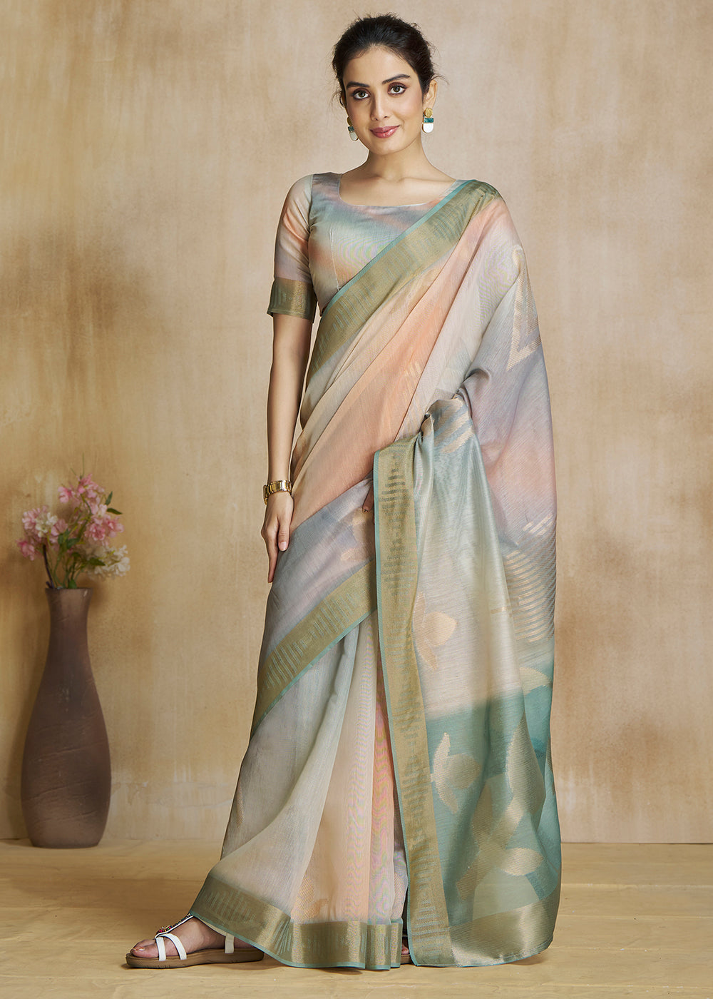 Locust Green and Grey Tissue Woven Soft Silk Saree