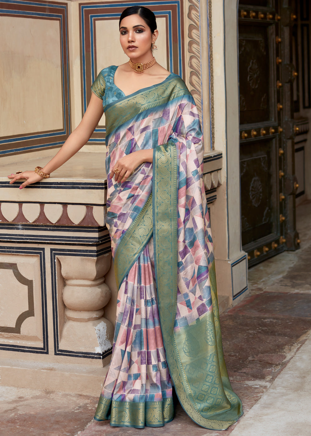 Bismark Blue Banarasi Digital Printed Silk Saree