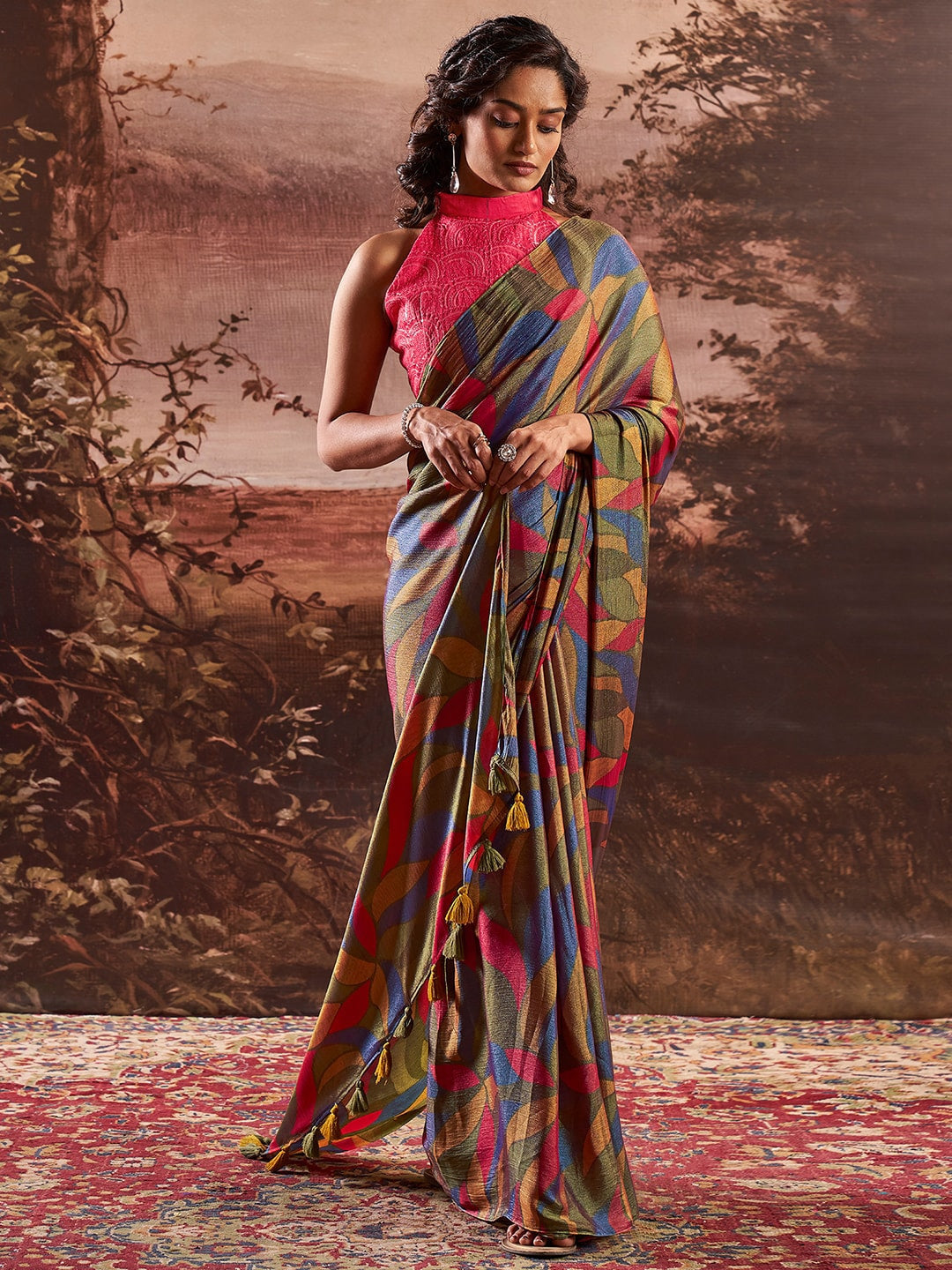 Fuscous Green Printed Chiffon Saree With Embroidery Blouse