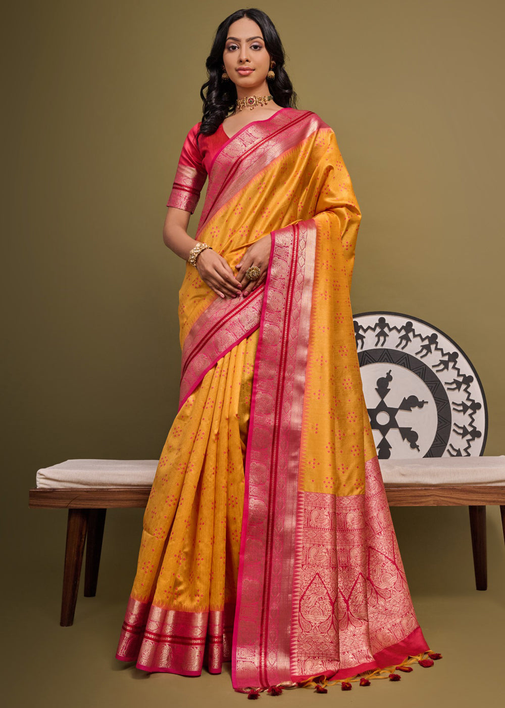 Ochre Yellow Woven Banarasi Soft Silk Saree