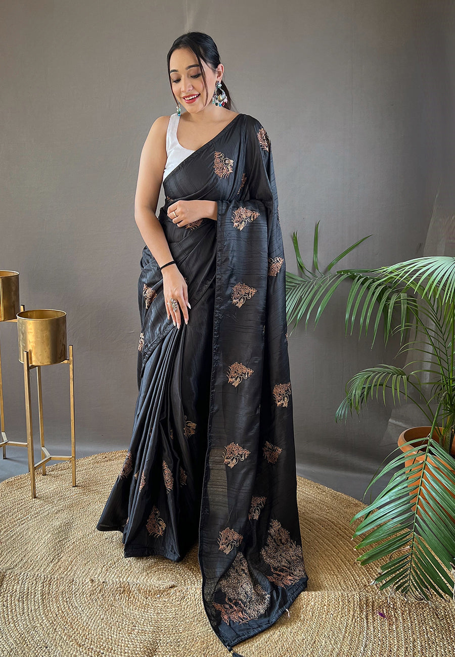 Bunker Black Embroidered Tussar Silk Saree