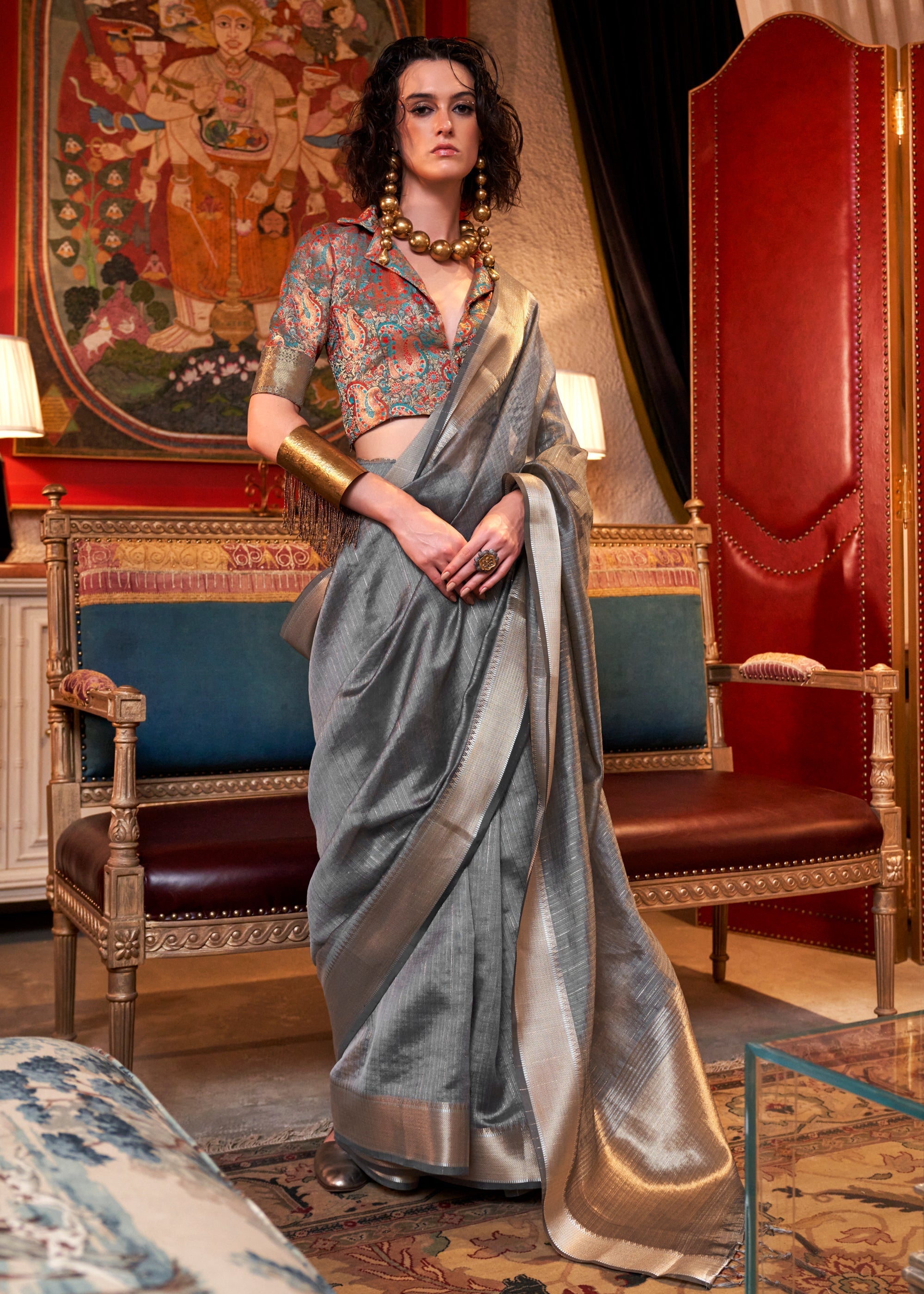 Old Grey Chiffon Silk Saree