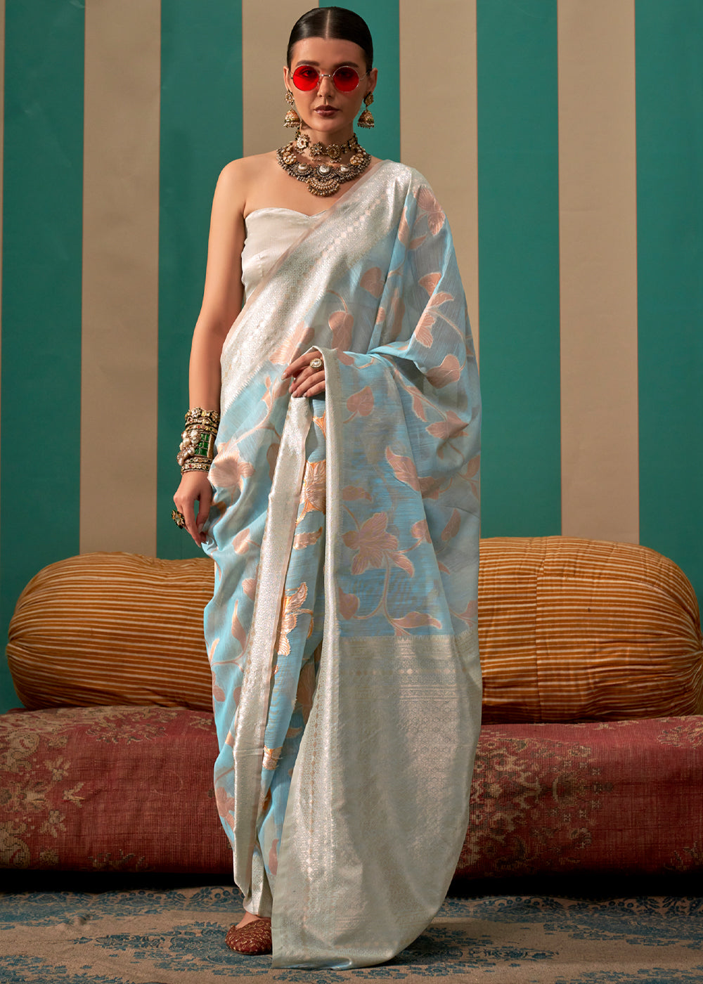 Jungle Mist Blue Woven Banarasi Linen Saree