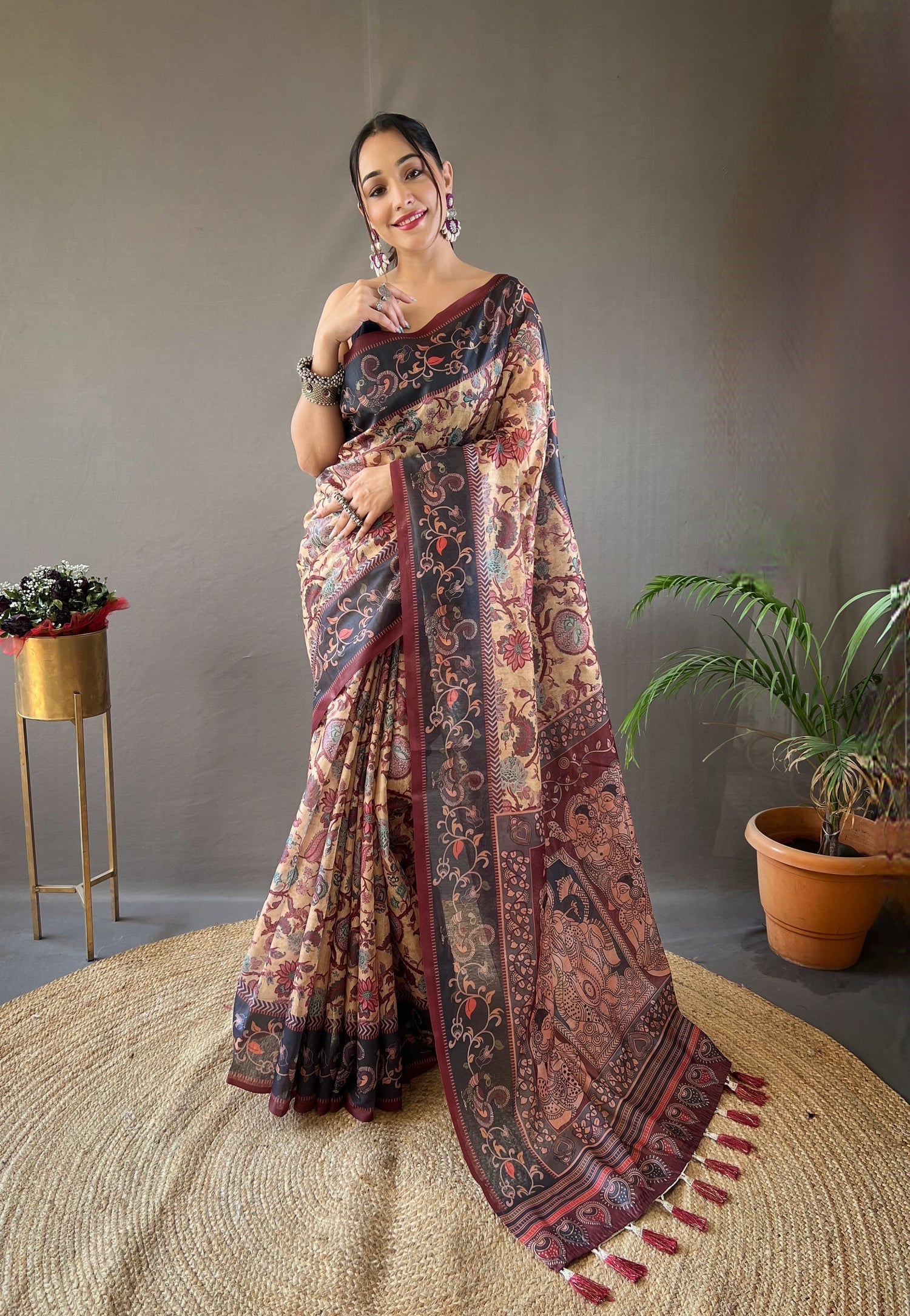 Tacao Orange and Black Printed Cotton Kalamkari Saree