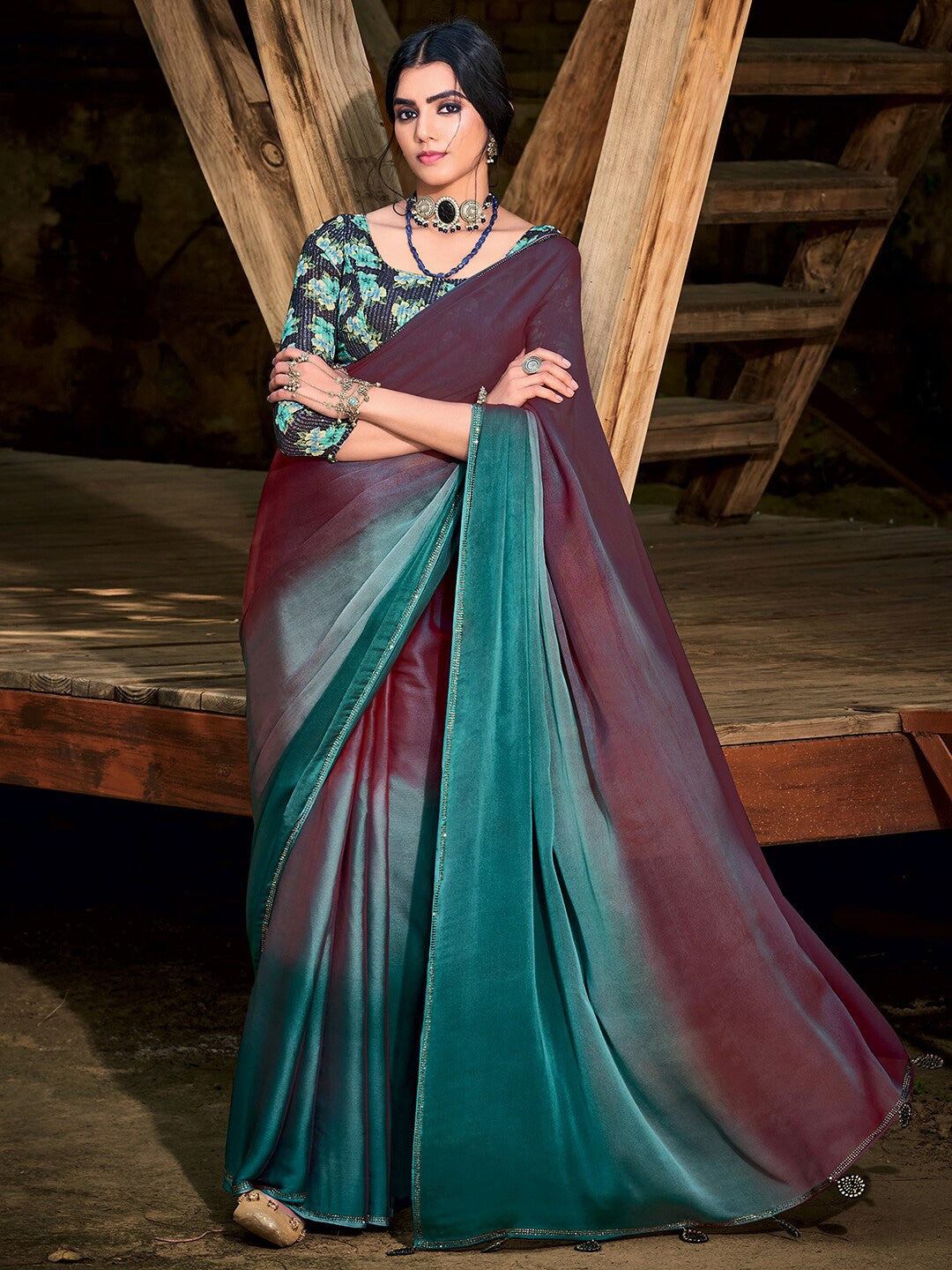 Buccaneer Purple and Blue Chiffon Saree With Printed Blouse