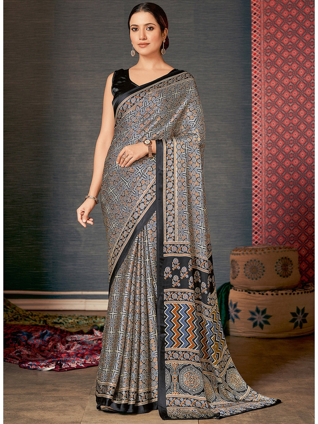 Elegant Grey Digital Printed Ajrakh Satin Crepe Saree