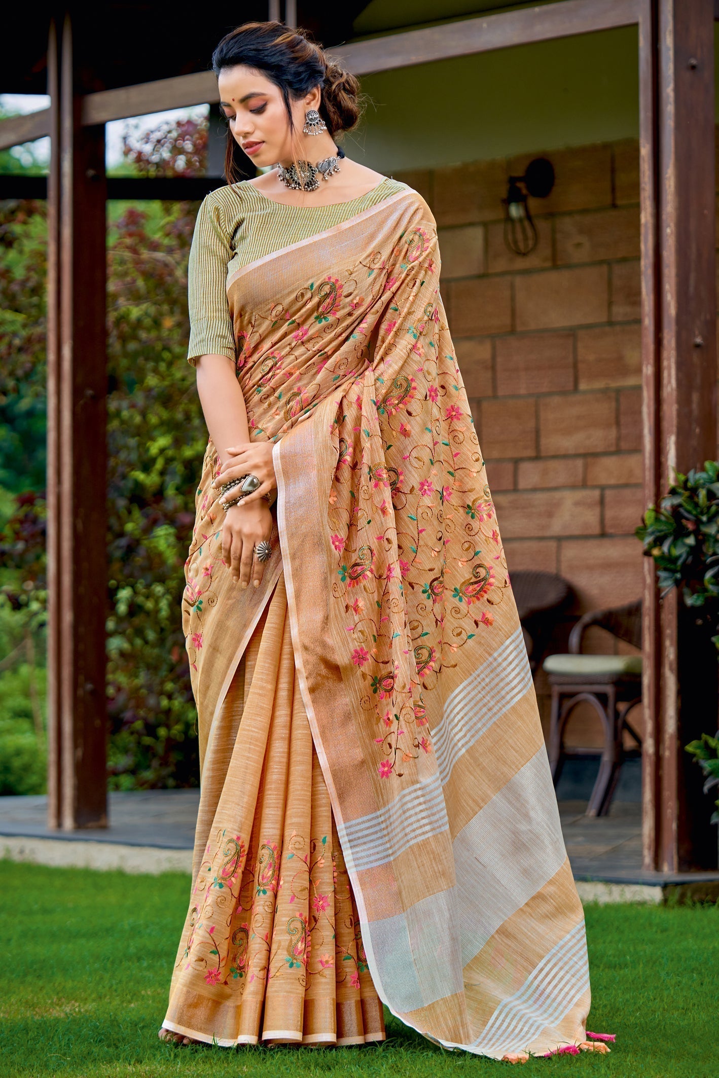 Macaroni Cheese Orange Handcrafted Linen Saree