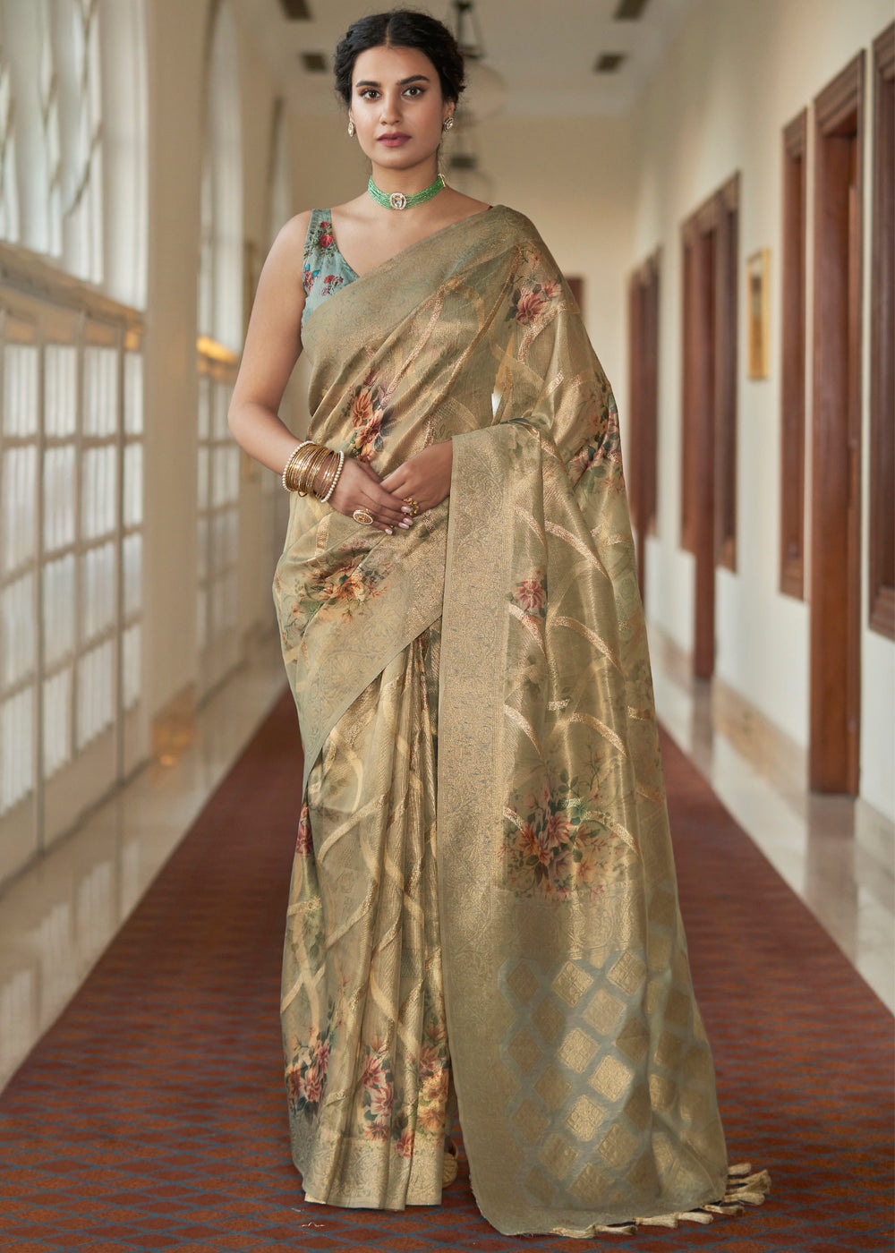 Copper Canyon Golden Woven Banarasi Tissue Organza Silk Sare