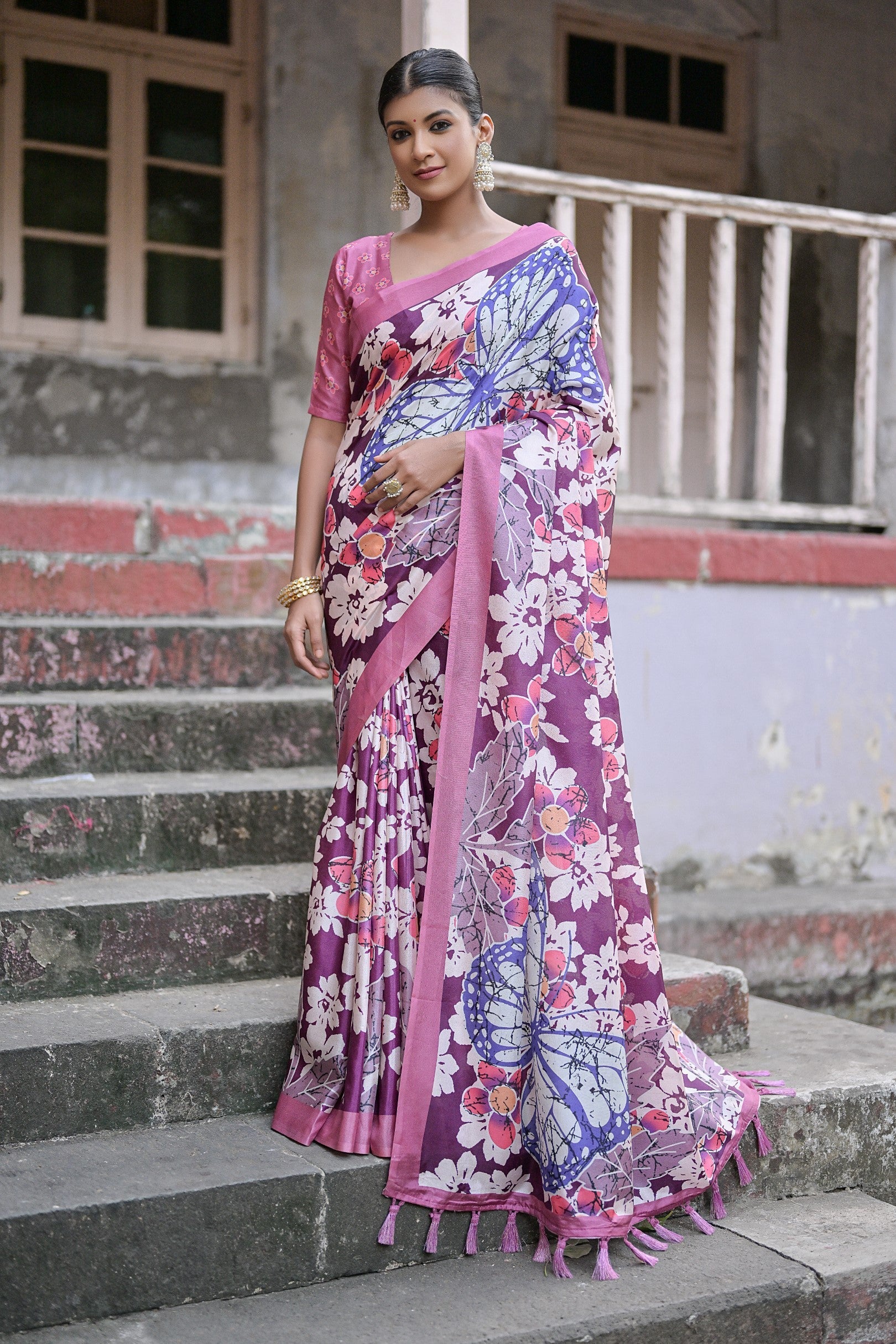 Strikemaster Purple Floral Printed Cotton Silk Saree