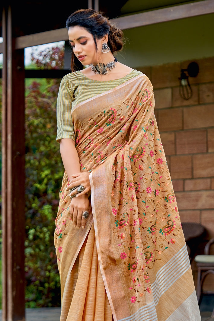 Macaroni Cheese Orange Handcrafted Linen Saree