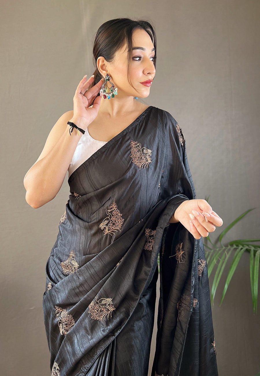 Bunker Black Embroidered Tussar Silk Saree