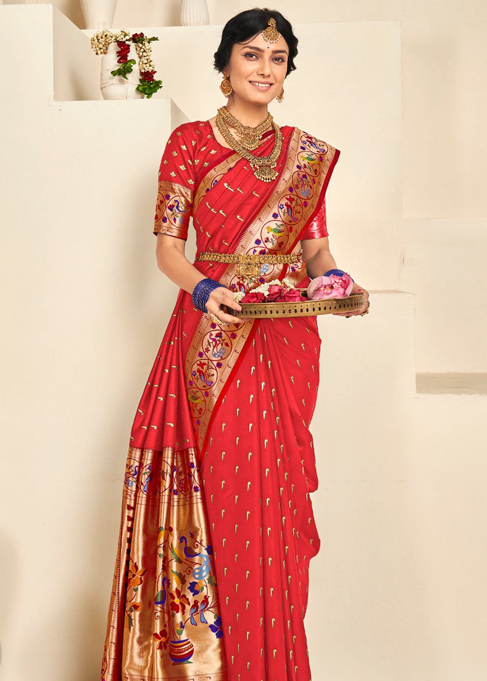 Rusty Red Woven Paithani Silk Saree