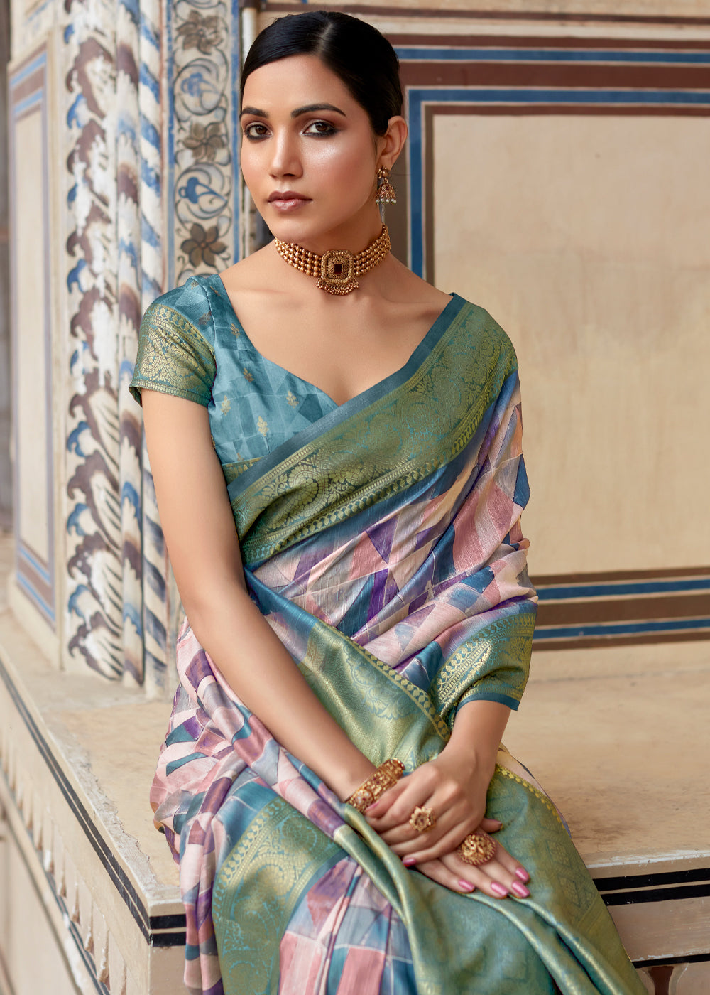 Bismark Blue Banarasi Digital Printed Silk Saree