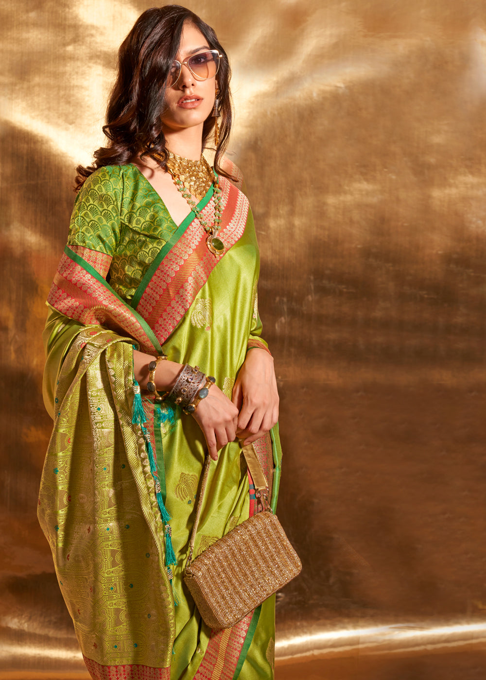 Earls Green Woven Banarasi Satin Silk Saree