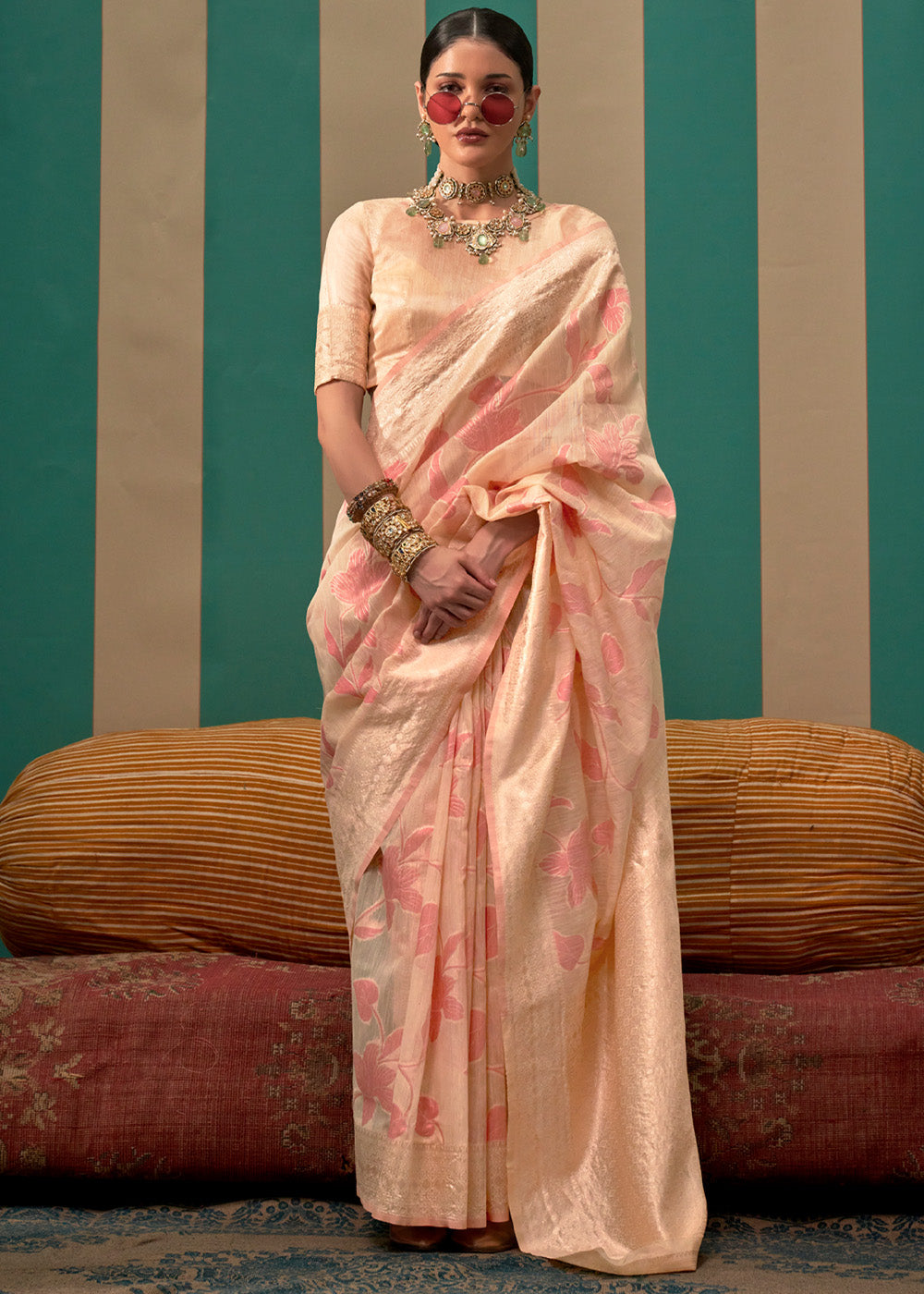 Karry Peach Woven Banarasi Linen Saree